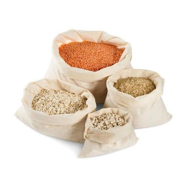 Seed & Sprout Organic Bulk Food Bags - Set of 4 organic cotton bulk food bags filled with red lentils, oats, grains, and nuts.