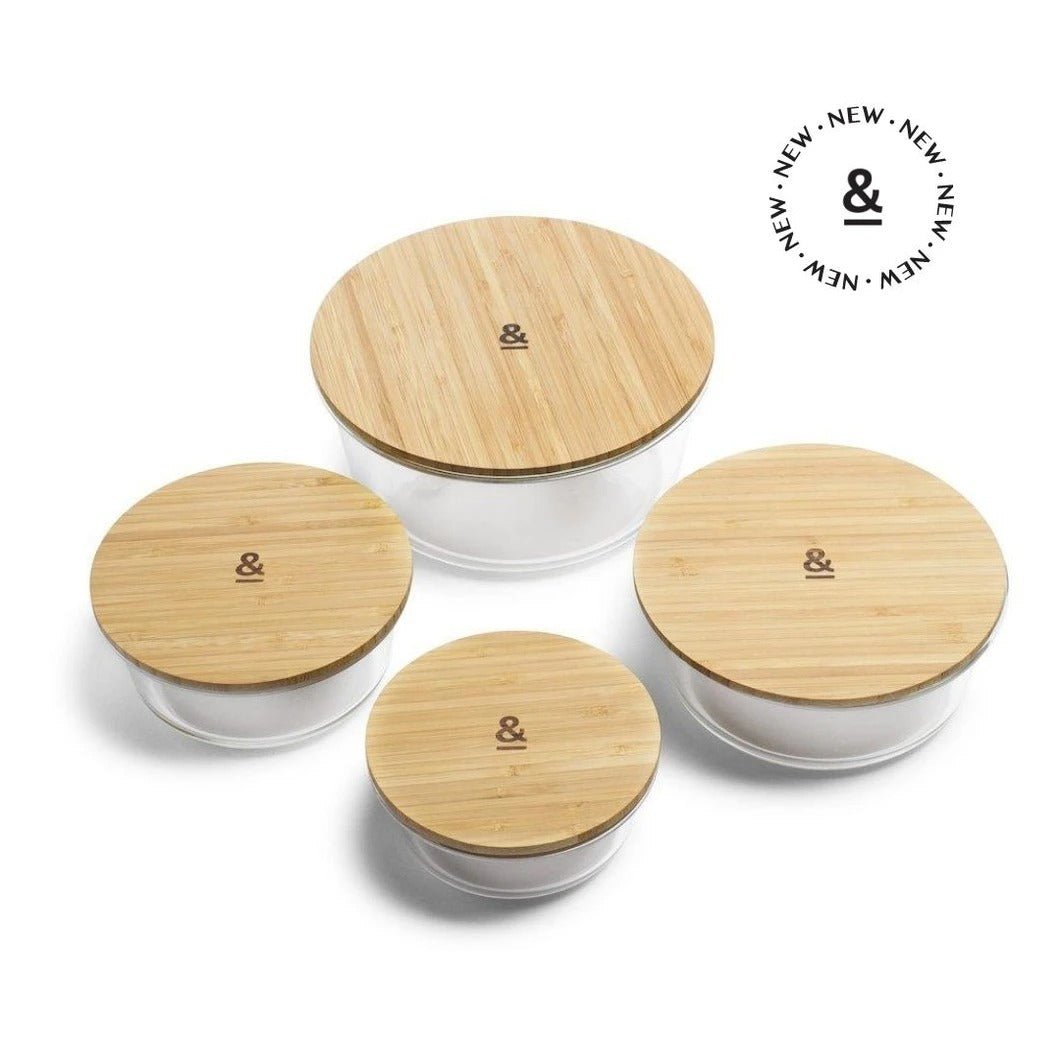 Seed & Sprout 4-piece Round Eco Stow glass food container set with engraved bamboo lids.
