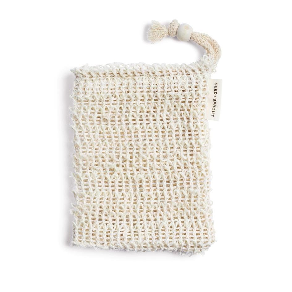 Seed & Sprout natural woven soap saver pouch featuring a drawstring tie and branded.