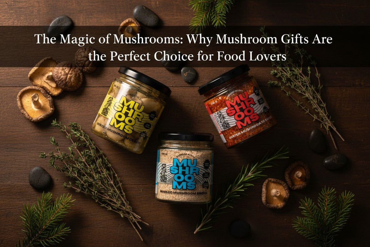 Artisan mushroom product jars with herbs and mushrooms on a rustic wooden background