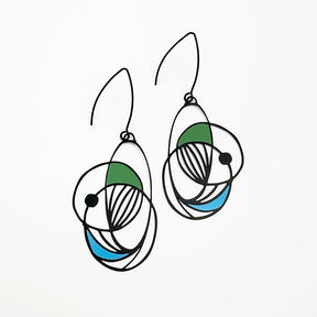 Pair of DENZ Art School Drop Out Earrings in Cool with geometric design on a white background