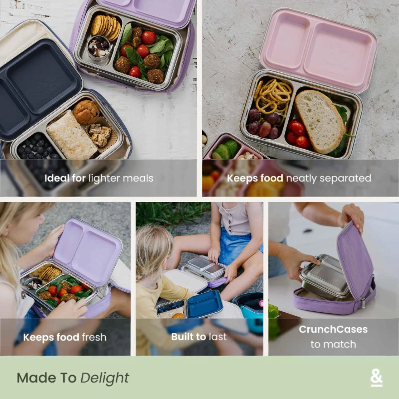 Seed & Sprout stainless steel bento lunch boxes featuring leak-resistant compartments and matching colored seals displayed in a multi-panel grid layout.