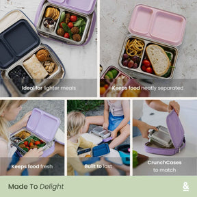 Seed & Sprout stainless steel bento lunch boxes featuring leak-resistant compartments and matching colored seals displayed in a multi-panel grid layout.