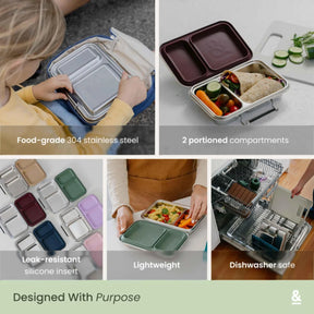 Seed & Sprout bento lunch box feature guide highlighting food-grade 304 stainless steel and multi-colored silicone inserts.