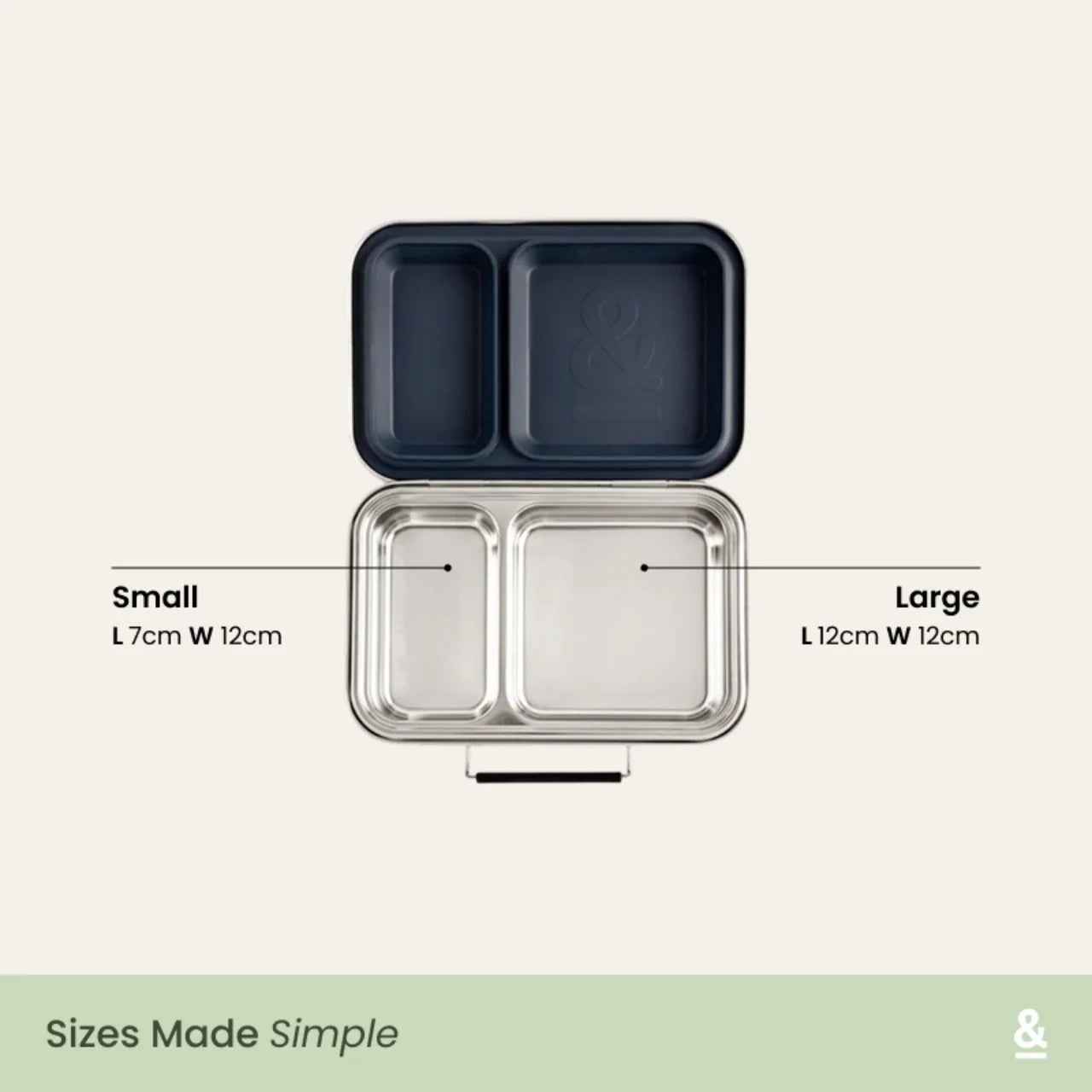 Seed & Sprout stainless steel bento lunch box size guide highlighting the small (L 7cm x W 12cm) and large (L 12cm x W 12cm) compartments.