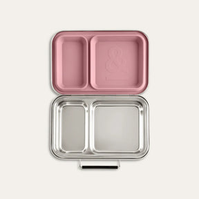Seed & Sprout stainless steel bento lunch box featuring a peony leak-resistant silicone insert and two partitioned compartments.