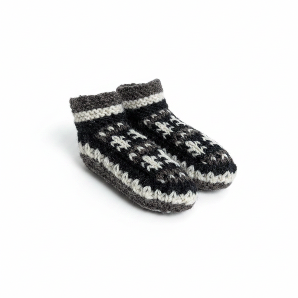 Children's Hand-Knitted Wool Booties – Black, White & Grey