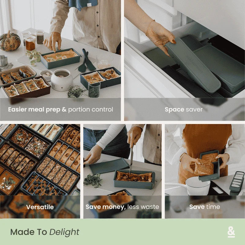 Seed & Sprout 2 portion silicone freezer tray in eucalyptus green, featured in a multi-panel lifestyle graphic highlighting meal prep, space-saving freezer storage, and portion control.