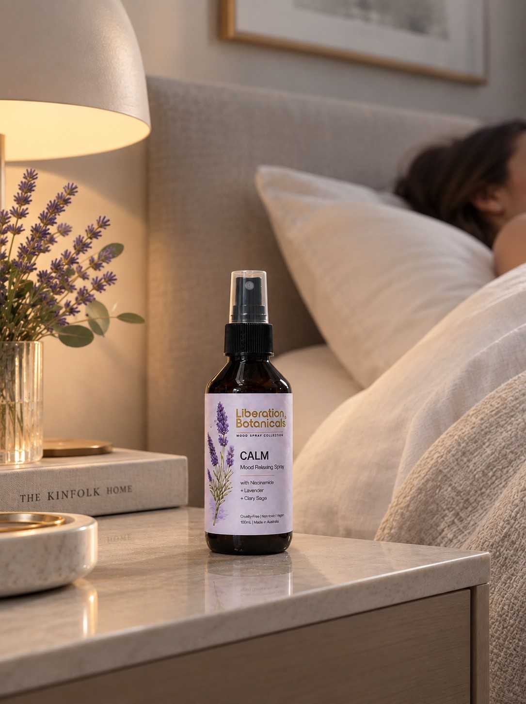 Liberation Botanicals - CALM - Night Facial Mist With Niacinamide + Lavender in Bedroom Setting.