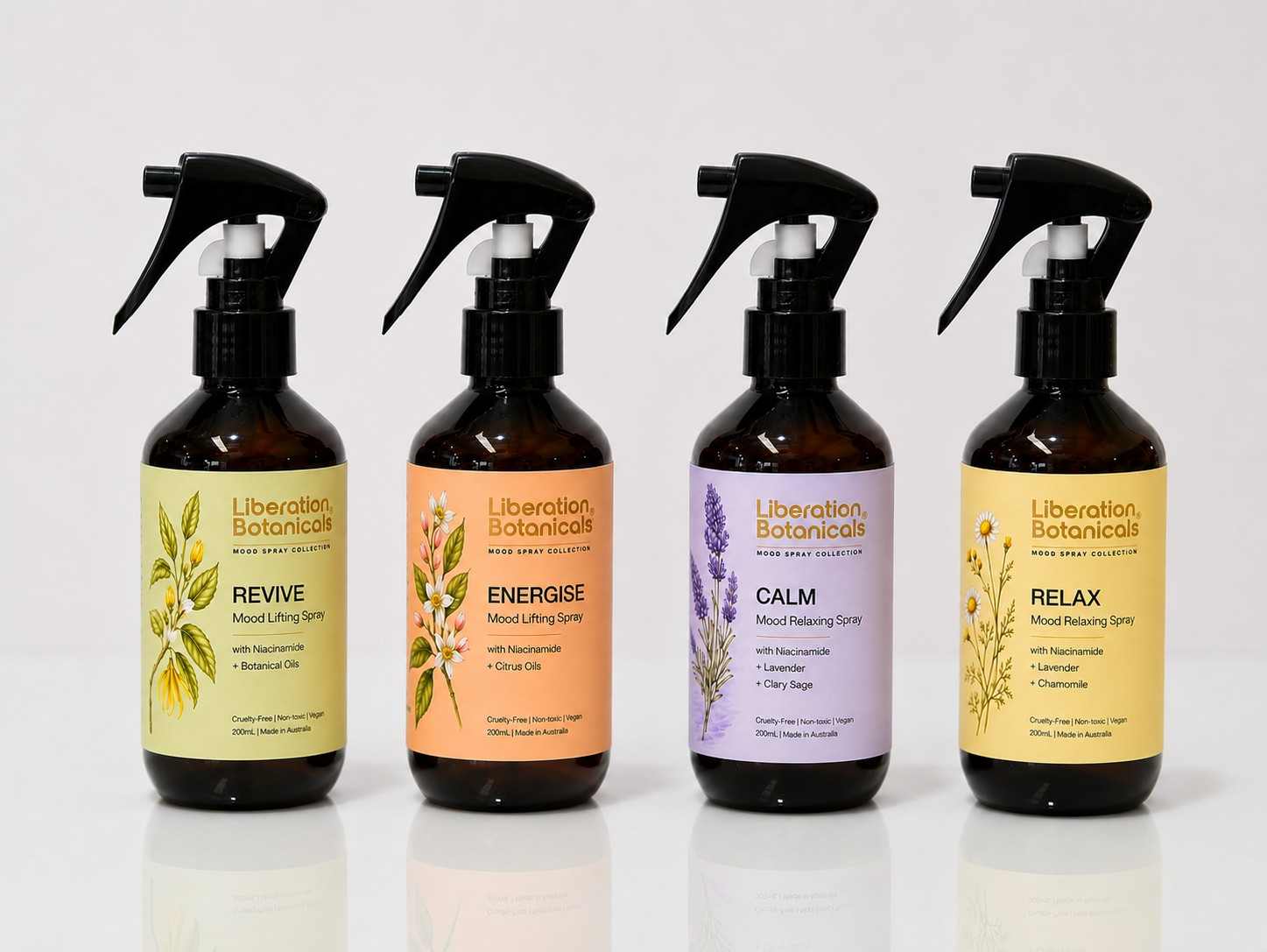 Liberation Botanicals Mood Spray Collection 200mL full range lineup.