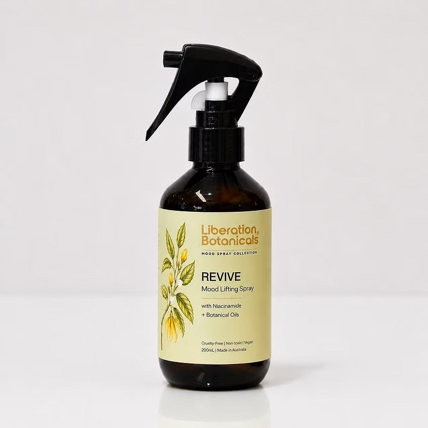 Liberation Botanicals Revive Mood Lifting Spray 200mL with niacinamide and botanical oils.