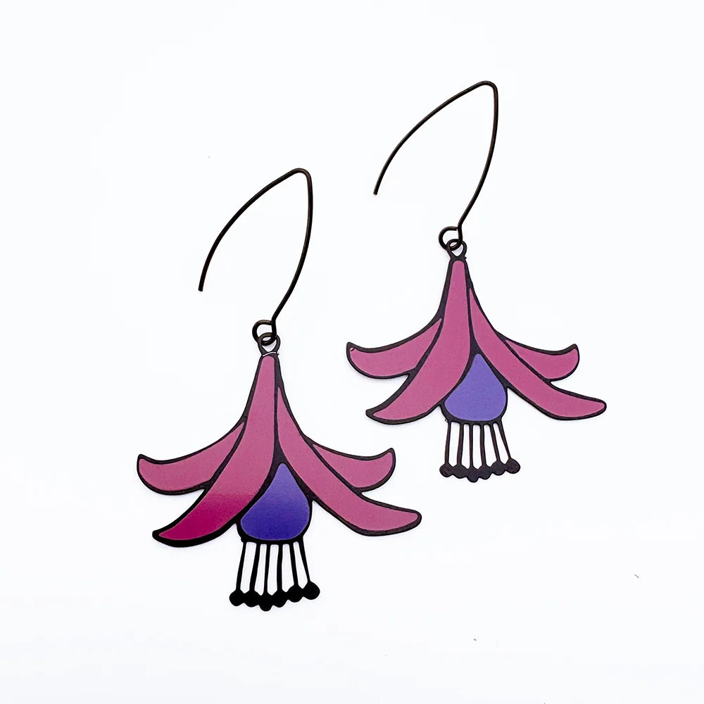 DENZ Fuchsia Flower earrings in black purple and pink with hand-drawn floral design