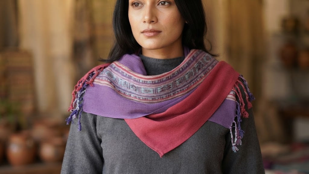 A close-up studio photograph of a woven shawl draped gracefully over the shoulders of a woman facing forward. The textile features a rich plum-purple upper section, a vibrant raspberry-pink lower section, and a central band of intricate woven patterns in muted tones and soft blues. The shawl is finished with delicate knotted tassels at the ends, creating an elegant and artisanal look.