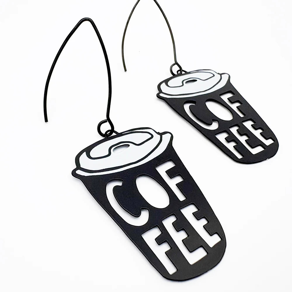 DENZ Coffee Cup can-shaped earrings on a white background