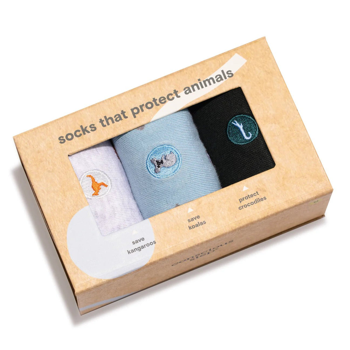 Conscious Step 3-pair sock gift box labeled "socks that protect animals" featuring embroidered kangaroo, koala, and crocodile socks.