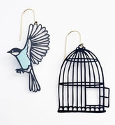 Denz Birdcage & Bird Earrings in Black & Duck Egg 