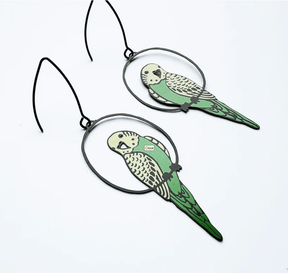 DENZ Budgies Earrings in Black/Green/Yellow, angled view