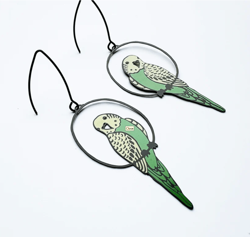 DENZ Budgies Earrings in Black/Green/Yellow, angled view