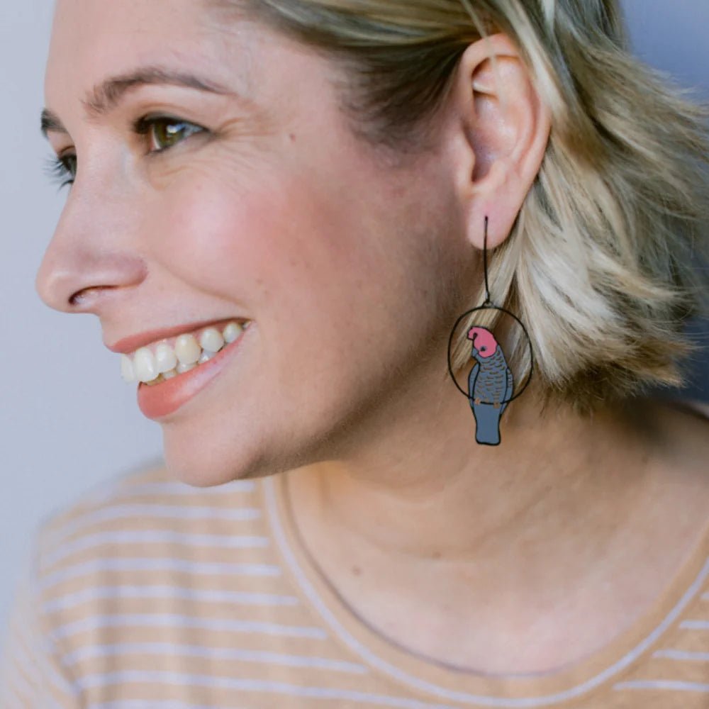 Denz + coDENZ Gang Gang Cockatoo Earrings in Grey & Red same day gift delivery melbourne