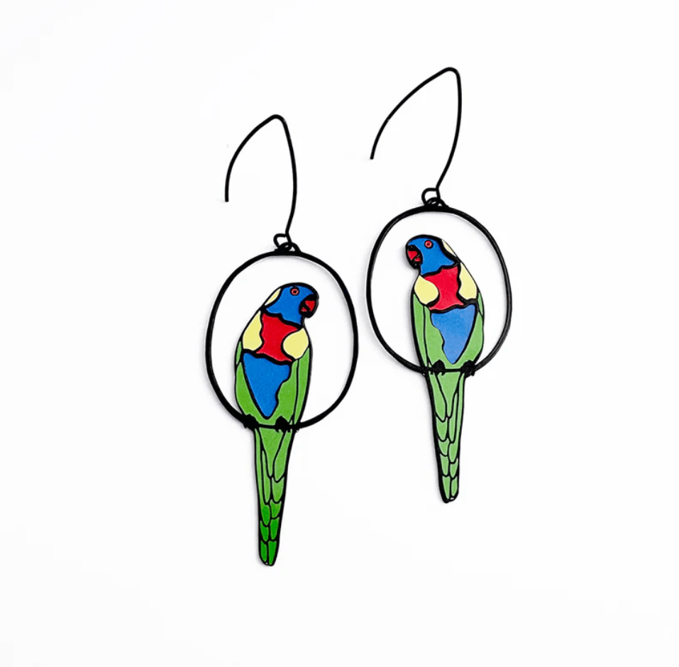 Denz + coDENZ Rainbow Lorikeet earrings in Black/Rainbow same day gift delivery melbourne