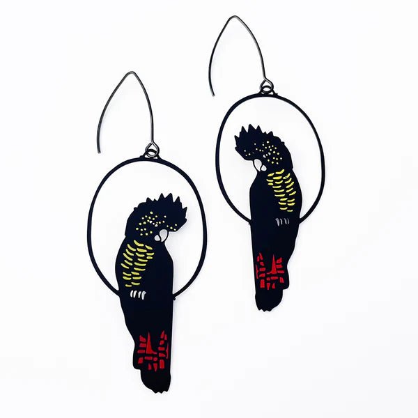 Denz + coDenz Red Tailed Black Cockatoo Earrings in Black/Red/Yellow same day gift delivery melbourne