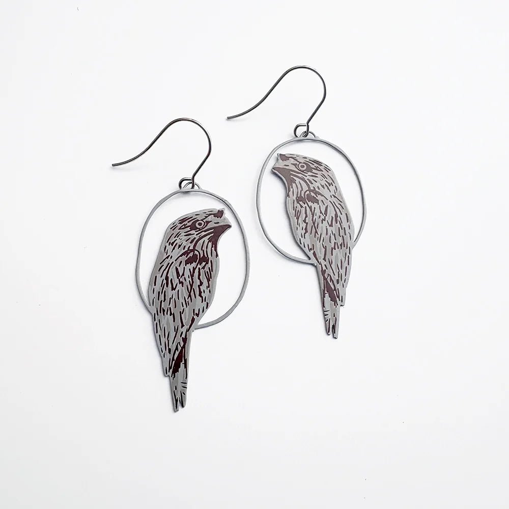 Denz + coDENZ Tawny Frogmouth Earrings in Brown & Grey same day gift delivery melbourne