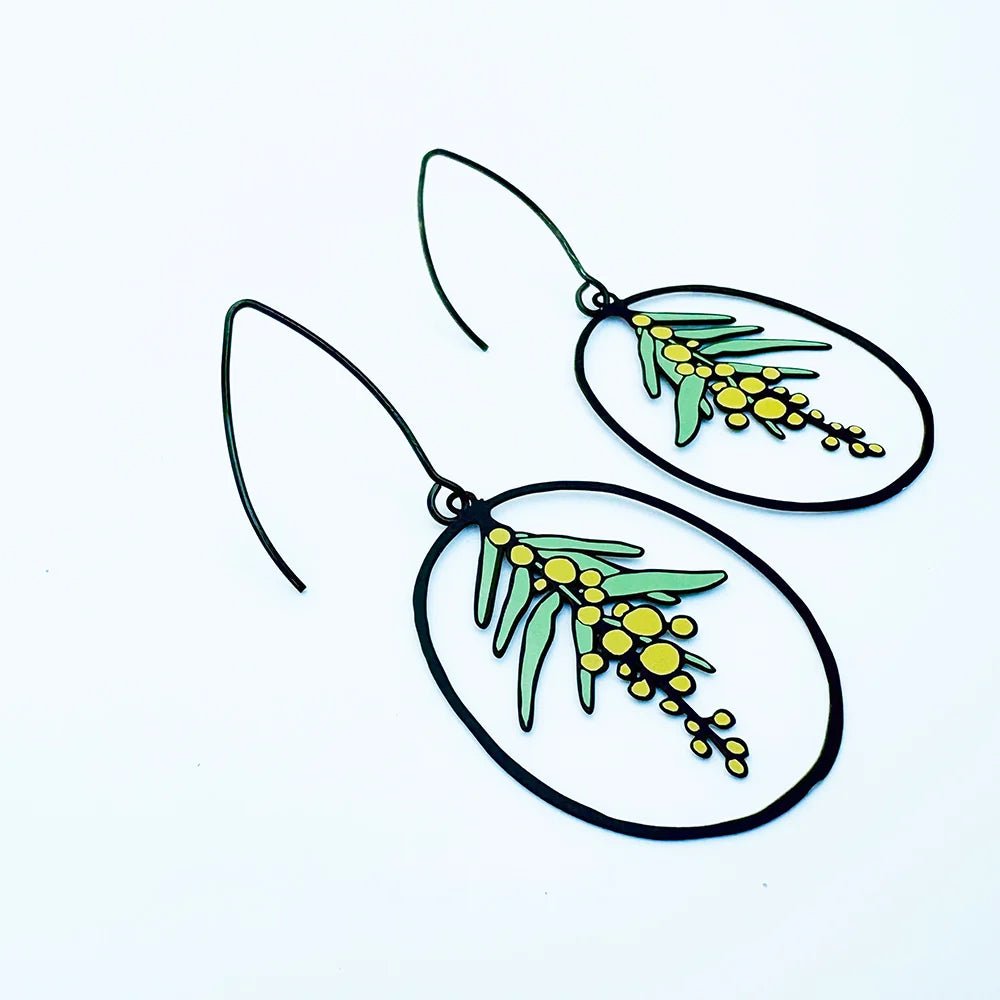 Denz + coDENZ Wattle Flower Earrings in Black/Yellow/Green same day gift delivery melbourne