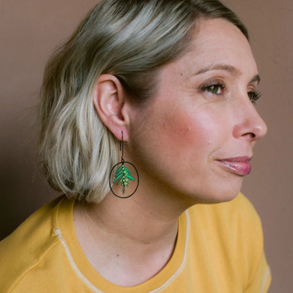 Denz + coDENZ Wattle Flower Earrings in Black/Yellow/Green same day gift delivery melbourne