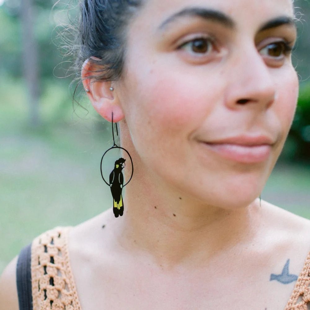 Denz + coDENZ Yellow Tailed Black Cockatoo Earrings same day gift delivery melbourne