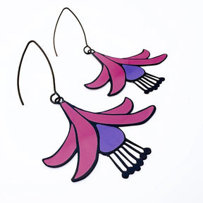 DENZ Fuchsia Flower Earrings in Black, Purple & Pink, angled view
