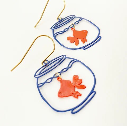 DENZ Goldfish in Orange/ Blue, painted steel dangles, angled view