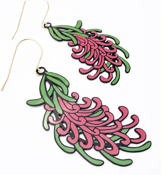 Denz Grevillea Flower Earrings in Black/Green/Pink, angled view