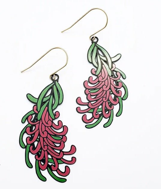 Denz Grevillea Flower Earrings in Black/Green/Pink 