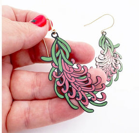 Denz Grevillea Flower Earrings in Black/Green/Pink, held by hand