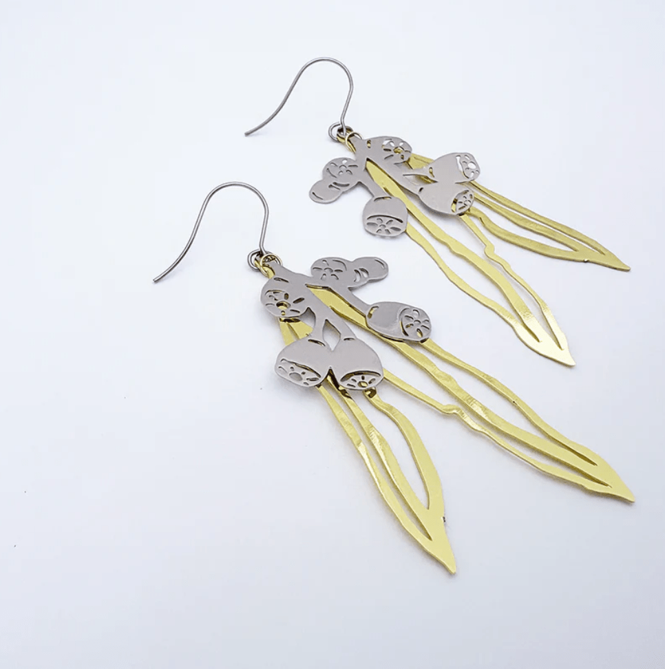DENZ Gumnut & Leaf dangle earrings in Gold/Silver, angled view