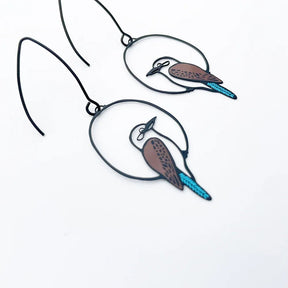 DENZ Kookaburra Earrings in Black, Brown & Blue, angled view