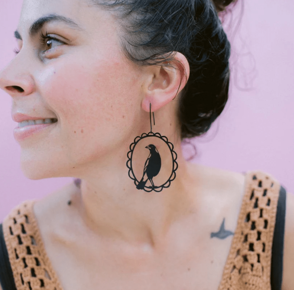 Woman wearing the DENZ Magpie in Black earrings