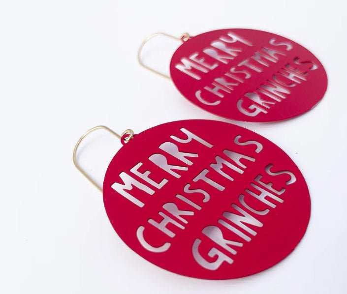 Denz Merry Christmas Grinches Earrings in Red, angled view