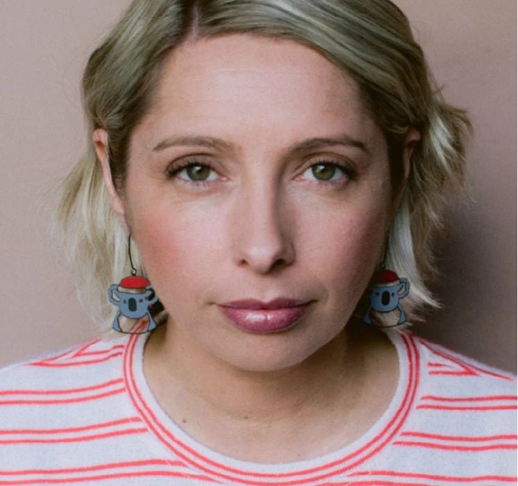 Woman wearing colourful character Denz Midi Christmas Koala Earrings in Black/Grey/Red 