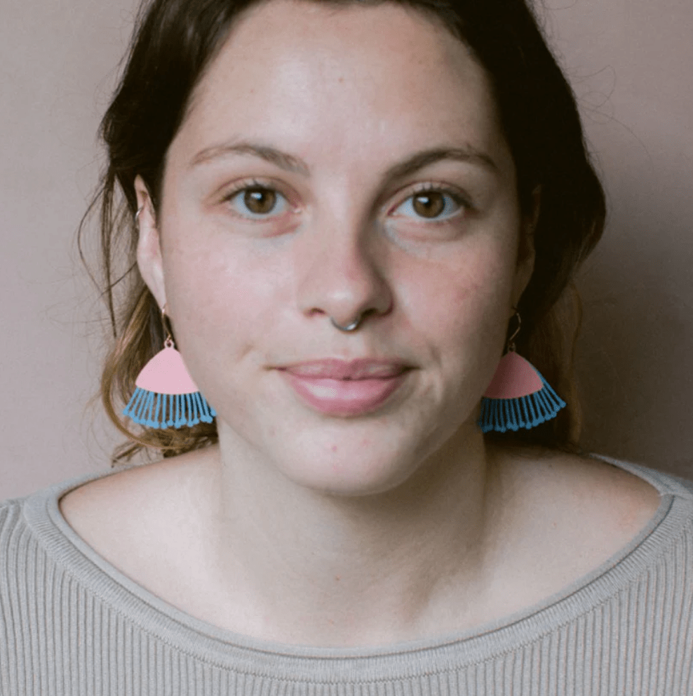 Woman wearing the DENZ Midi Gum Blossoms in Coral and Sky
