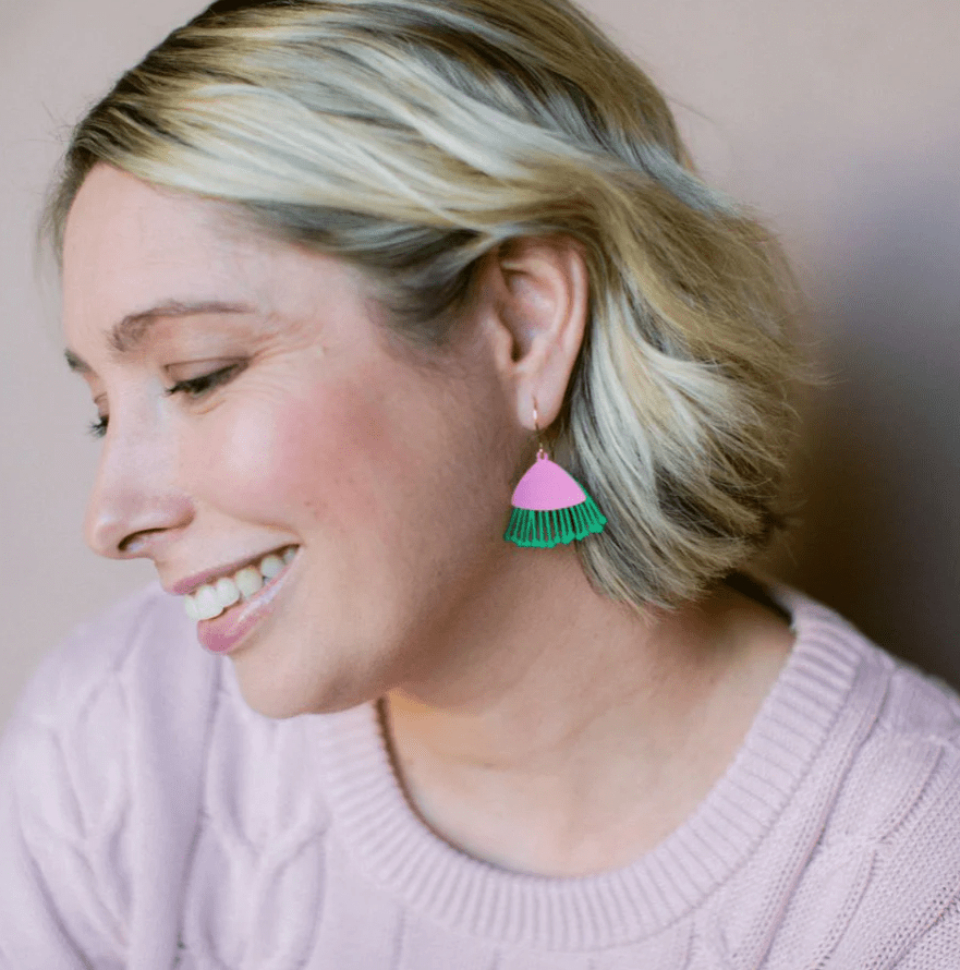 Woman wearing the DENZ Mini Gum Blossoms in Pink & Green