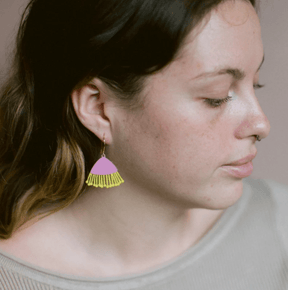 Woman wearing the DENZ Mini Gum Blossoms in Pink & Yellow earrings