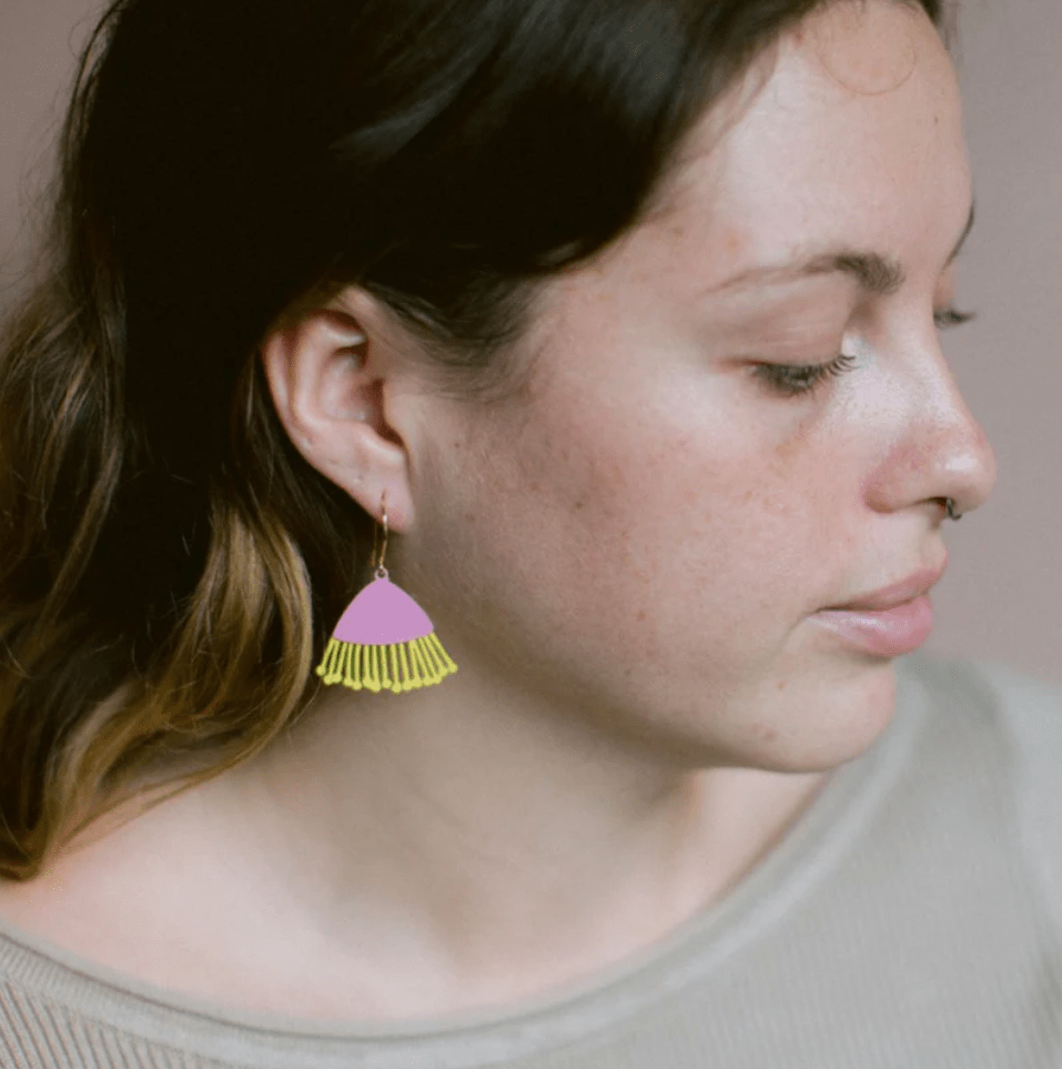 Woman wearing the DENZ Mini Gum Blossoms in Pink & Yellow earrings