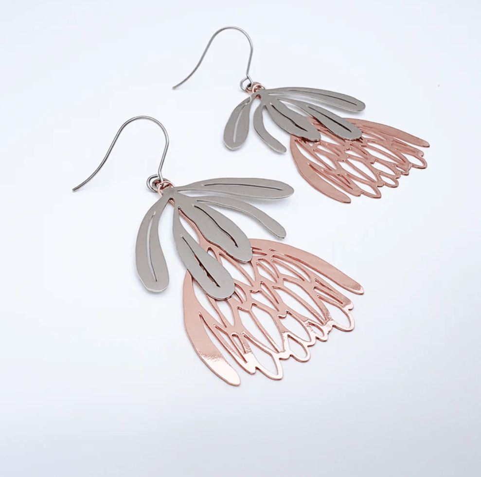 DENZ Protea flower dangle earrings in Silver/Rose Gold 