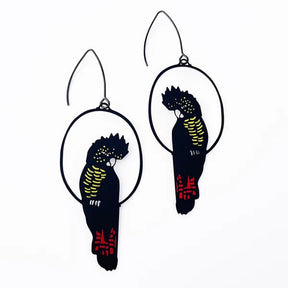 Denz Red Tailed Black Cockatoo Earrings in Black/Red/Yellow 