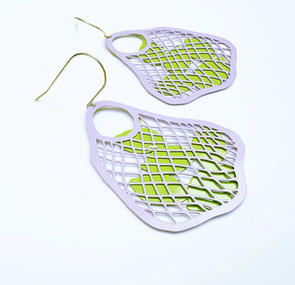 DENZ String Bag earrings (with fruits) in Lilac with Limes, angled view