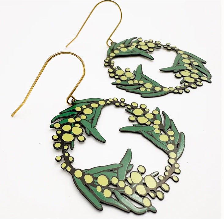 Denz Wattle Wreath Earrings in Black/Green/Yellow 