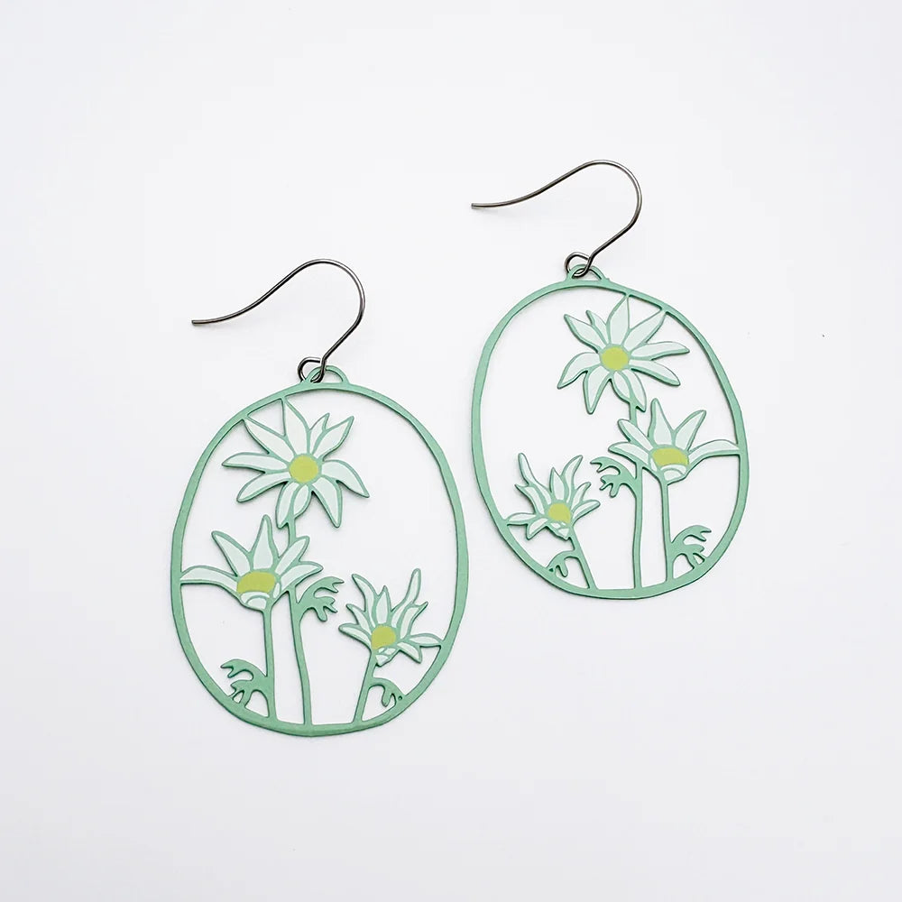 Pair of DENZ Flannel Flower earrings on a light green background