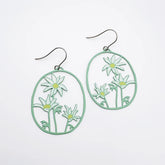 Pair of DENZ Flannel Flower earrings on a light green background