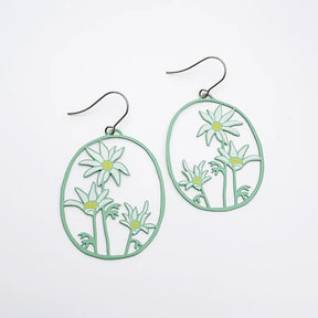 Pair of DENZ Flannel Flower earrings on a light green background
